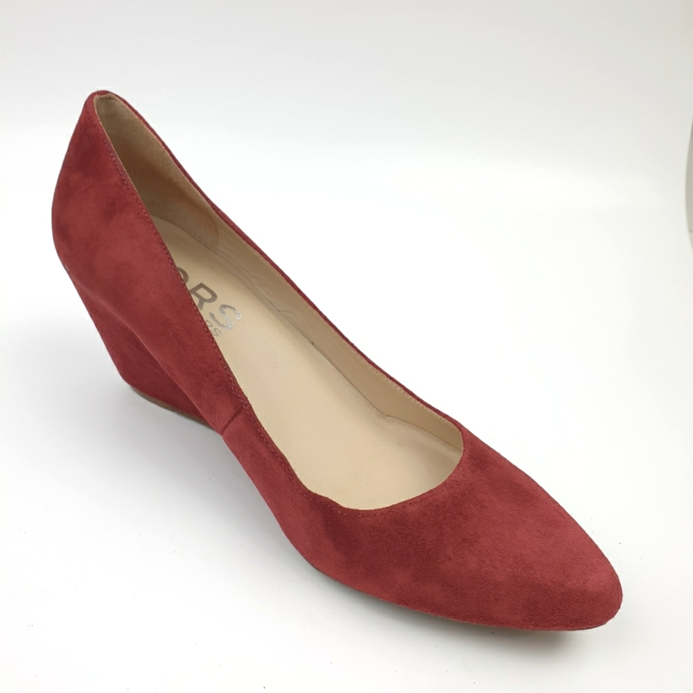 Suede almond toe slip-on pumps cherry hidden wedge stylish comfort office casual
